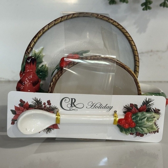 Corner Ruby CR Teacup & Saucer, Spoon Set Holiday Collection - Holly & Cardinal - Picture 5 of 5
